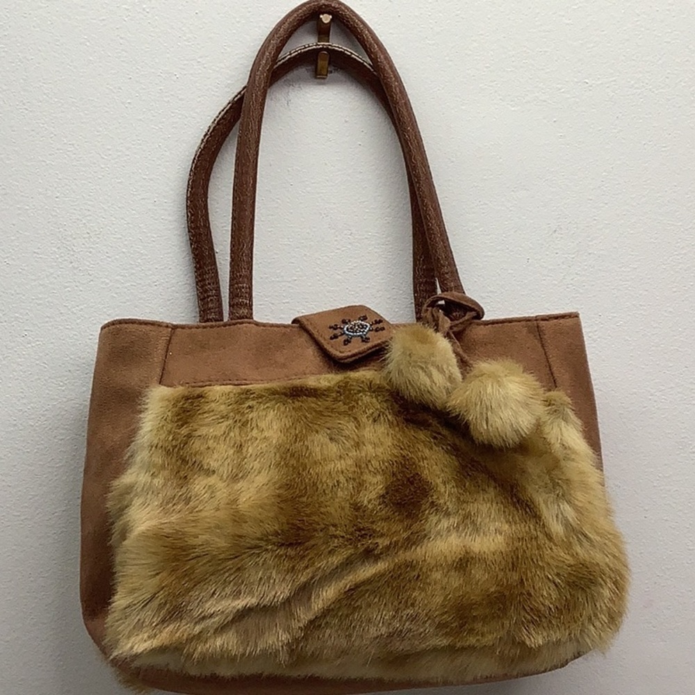 Fur small tote bag with pompom accent and front beaded clasp Preowned